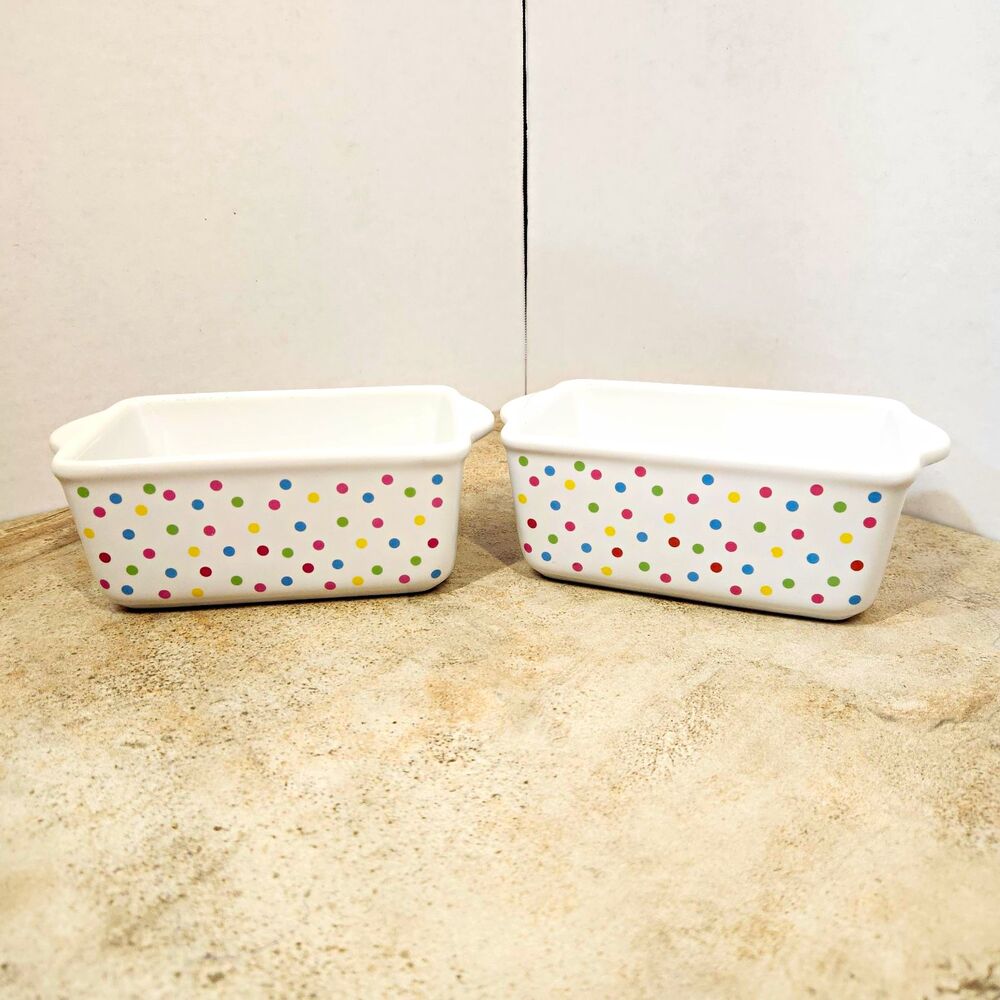 2pc Ceramic Mini Loaf Pan Set Baking Dishes White Multicolor Polka Dot